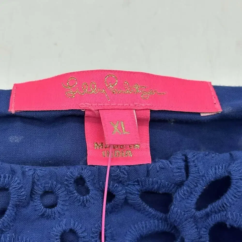 Lilly Pulitzer Kerrigan Size XL Oyster Bay Navy Elbow Sleeve Flower Eyelet Top